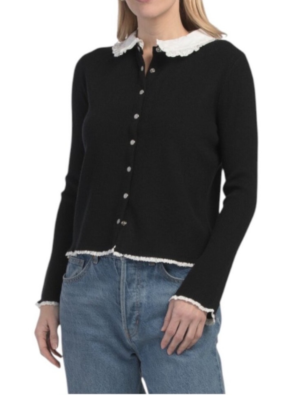 Women’s MILA MILANO Black & White with Lace Collar and Trim Cardigan L